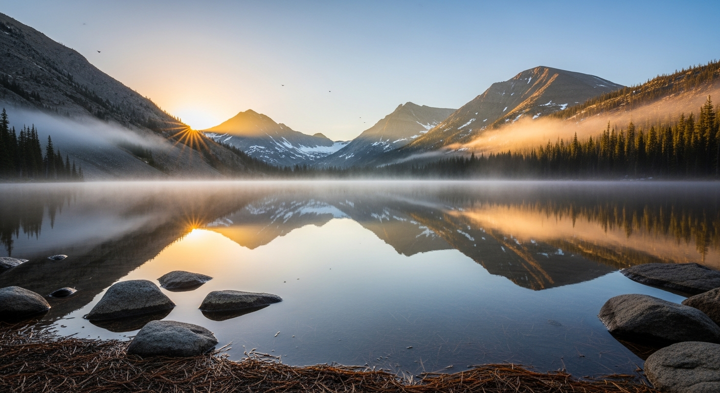 AI-generated photorealistic mountain lake at dawn